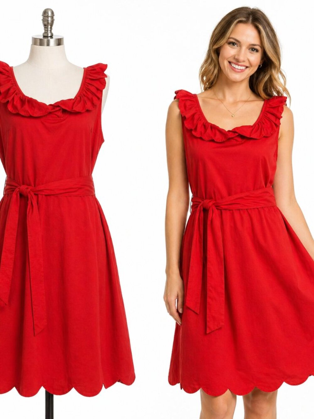 Crown & Ivy Red Scallop Dress L Tie Waist Cotton Preppy 4th of July 100% Cotton
